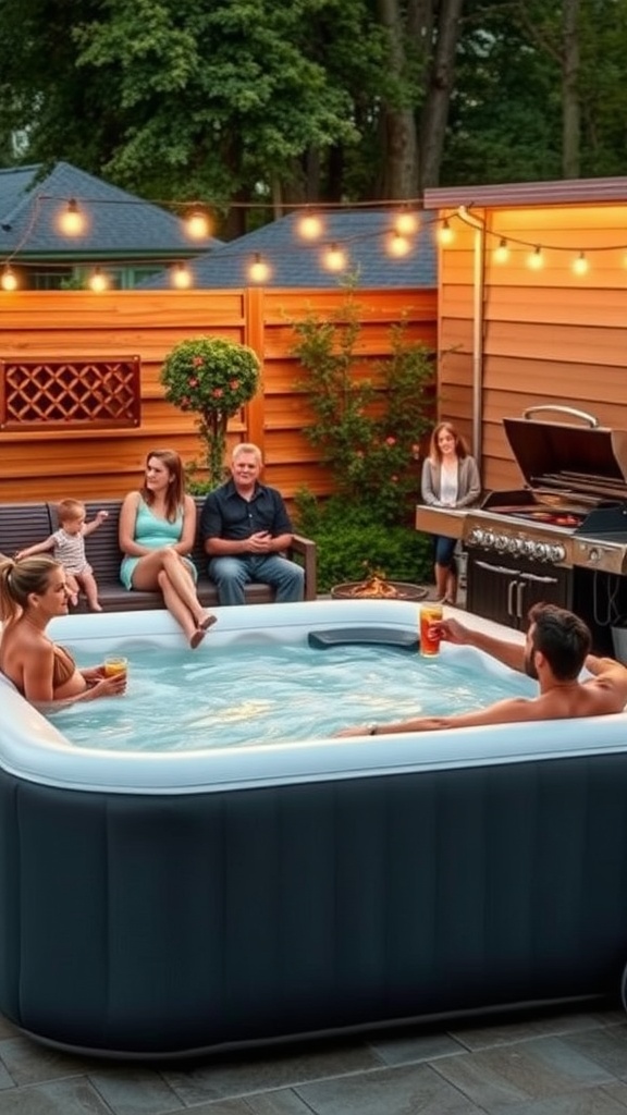 A backyard barbecue scene featuring an inflatable hot tub, guests enjoying drinks, and a grill in a cozy setting.