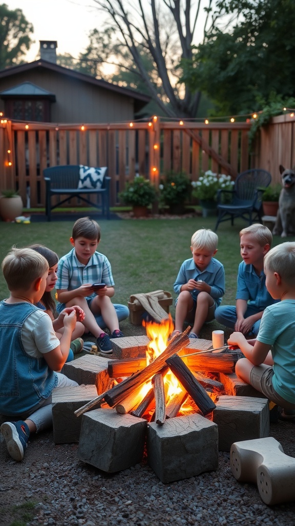 A group of children sitting around a campfire in a backyard, engaged in storytelling.