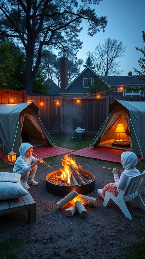 Two kids roasting marshmallows by a campfire next to tents in a backyard setting at twilight.