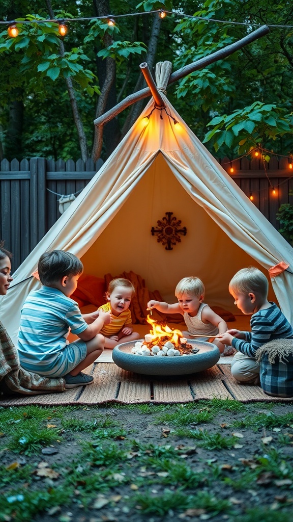 Children gathered around a fire pit in a tent setup in the backyard, enjoying camping activities.