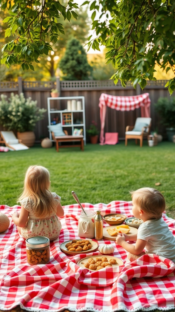 Children enjoying a picnic on a red and white checkered blanket in a backyard.