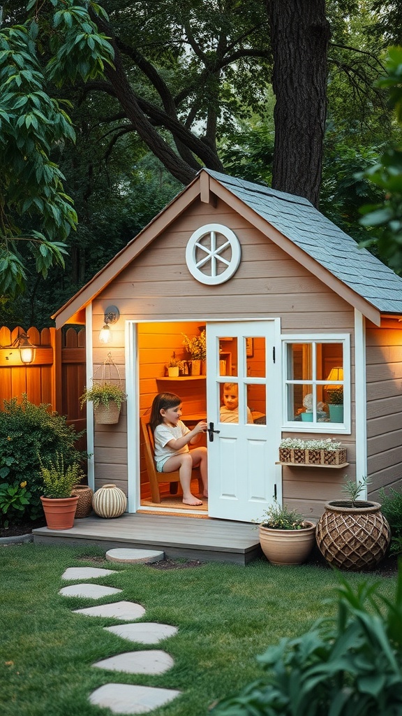 A cozy backyard playhouse with children playing inside and outside, surrounded by greenery and stepping stones.