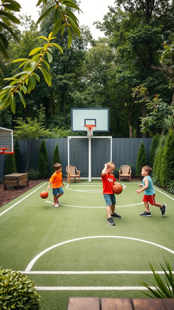 Children playing basketball on a backyard court