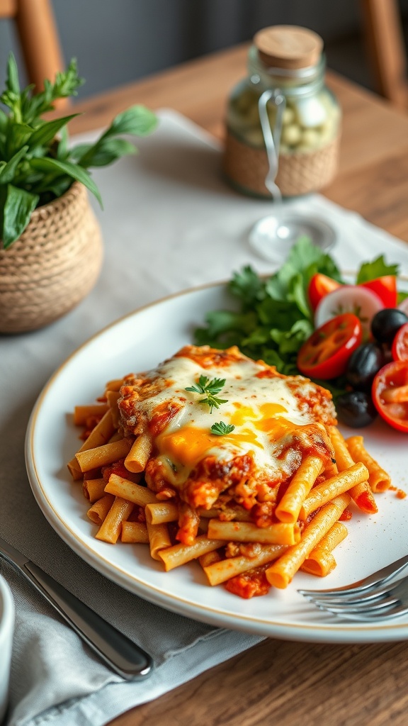 A plate of baked ziti served with a mixed greens salad, featuring vibrant tomatoes and olives on the side.