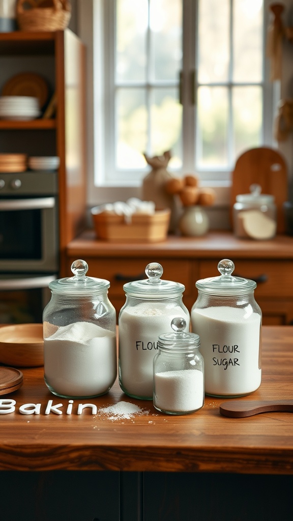 Clear glass jars filled with baking ingredients like flour and sugar on a wooden kitchen table