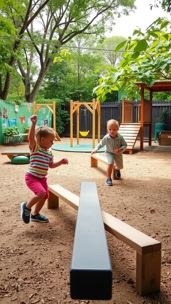 Children playing on balance beams in an outdoor kids play area.