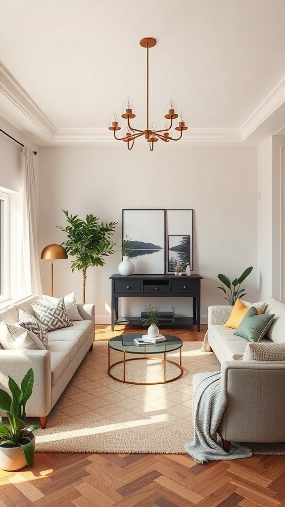 A cozy living room and dining room combo featuring light colors, comfortable sofas, a stylish coffee table, and plants.