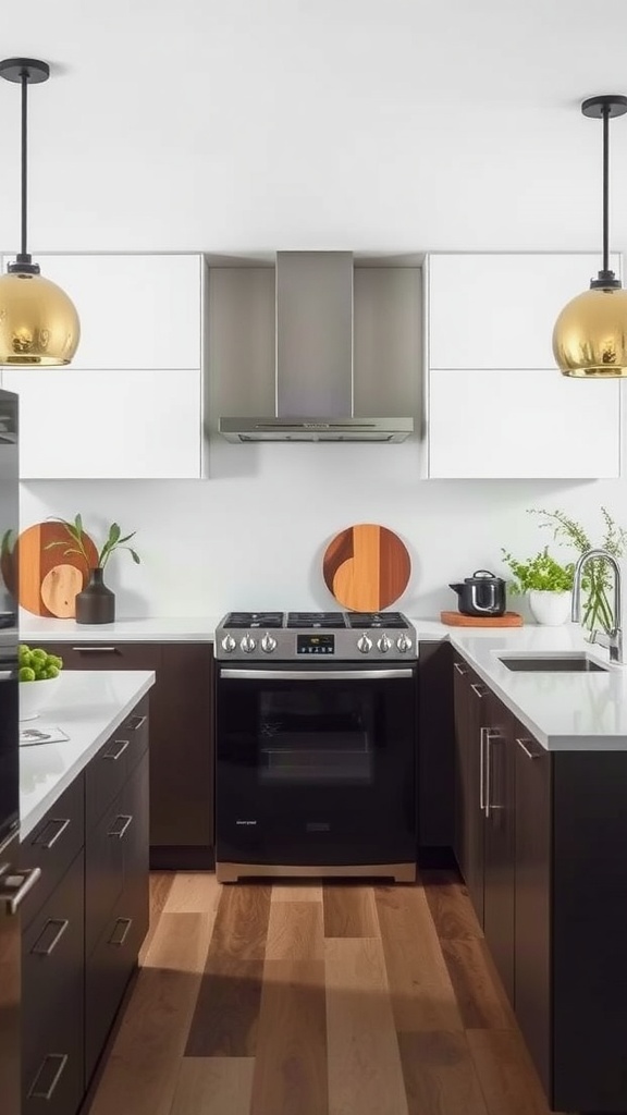 A modern Japandi style kitchen featuring dark cabinets, a light countertop, and golden pendant lights.