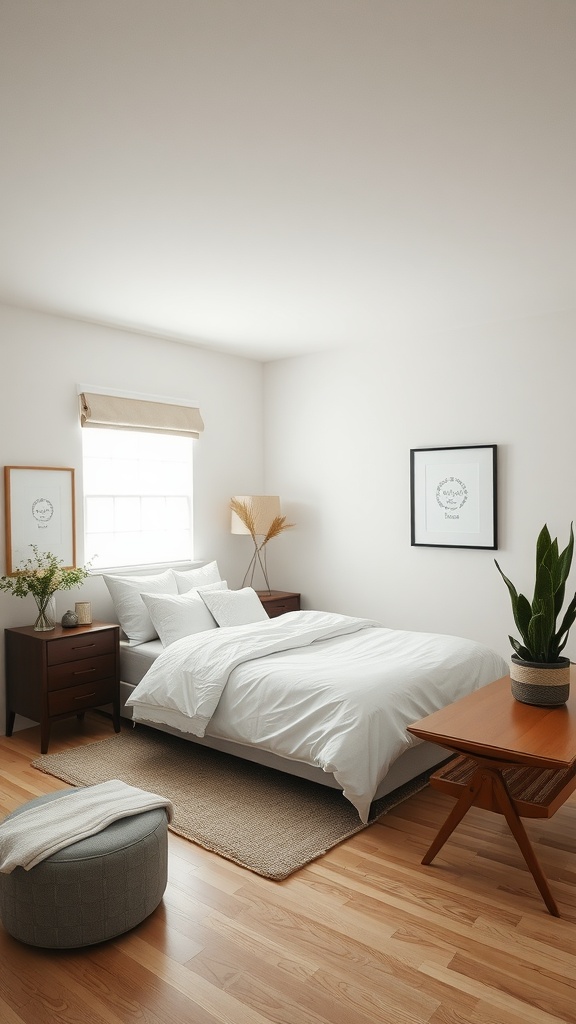 A neutral bedroom featuring a bed, wooden furniture, a plant, and natural light.