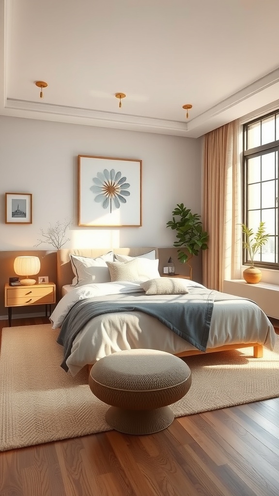 A serene bedroom with soft colors, natural light, and balanced Feng Shui elements.