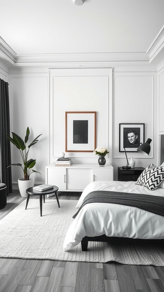 A black and white bedroom featuring centered bed, matching decor, and balanced elements