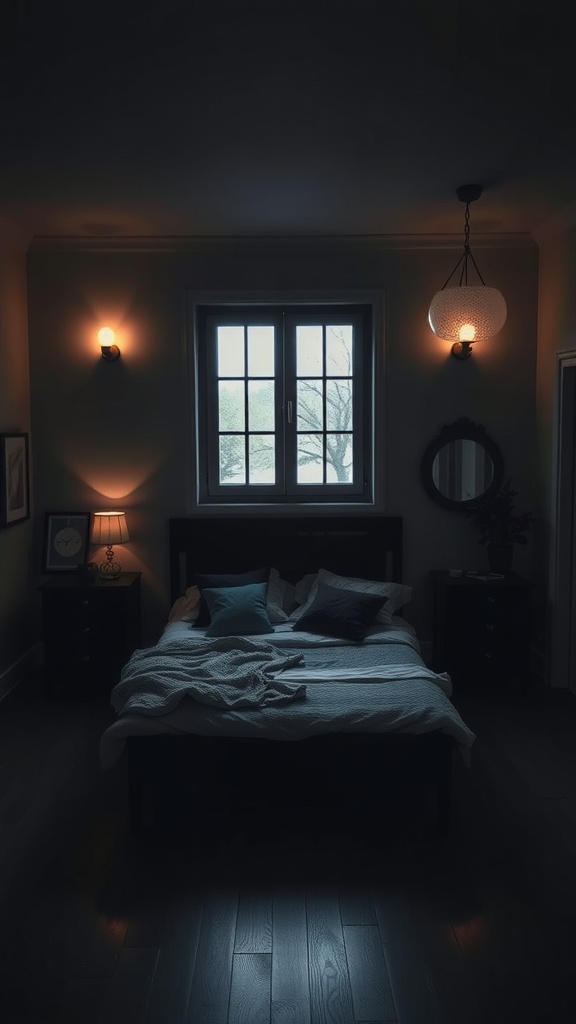 A cozy dark bedroom with a well-made bed, matching nightstands, and soft lighting.