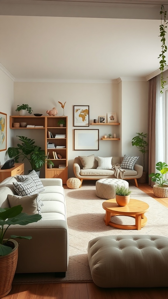 A stylish living room and playroom combo featuring cozy couches, a round coffee table, and plants for a child-friendly design.