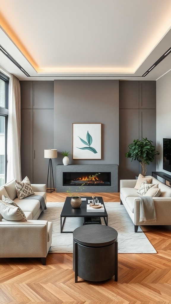 A cozy living room with two sofas, a coffee table, a fireplace, and natural decor.