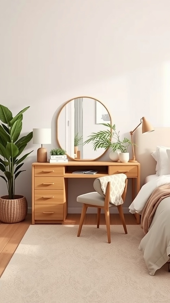A cozy bedroom featuring a vanity and desk combo with a round mirror, lamp, and plants.