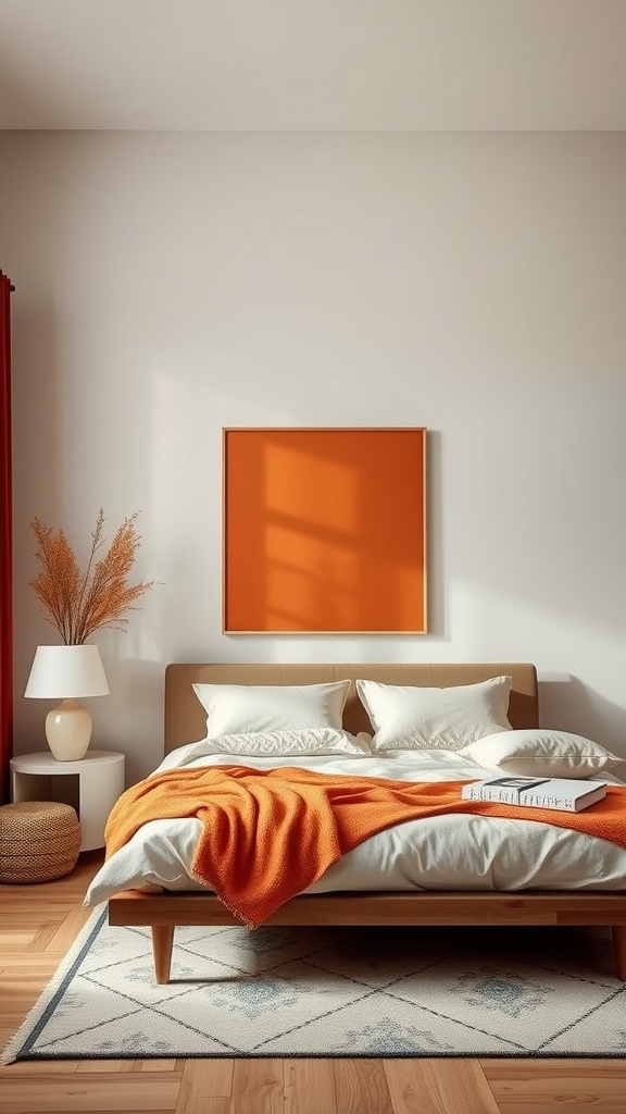 Cozy bedroom with burnt orange blanket, neutral walls, and warm lighting