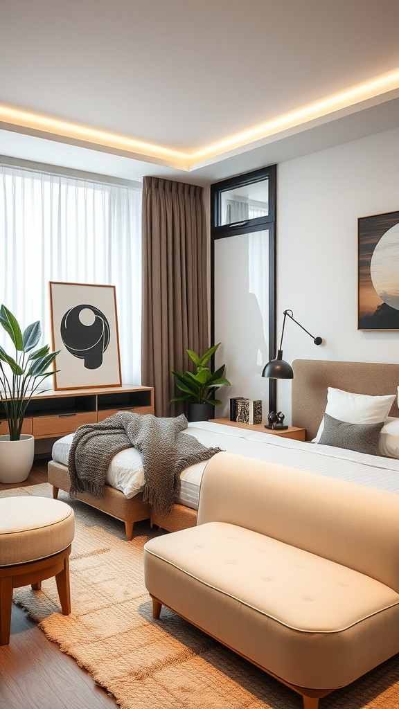 A Scandinavian bedroom featuring natural light, neutral colors, and cozy textiles.