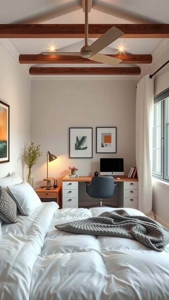 A cozy bedroom with a workspace, featuring a bed and a desk setup.