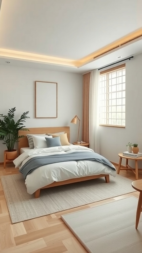 A cozy Japandi style bedroom featuring a wooden bed, soft bedding, and natural light.