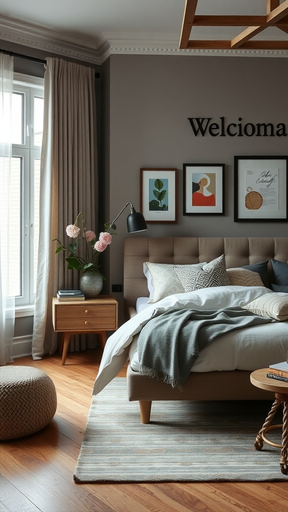 A stylish and functional bedroom with neutral tones, a comfortable bed, and decorative elements.