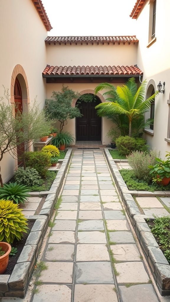 Mediterranean courtyard garden with stone path and various plants