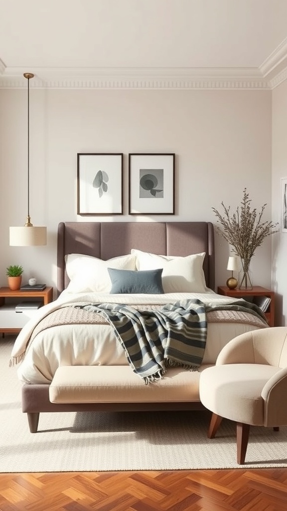 A neutral bedroom featuring a light color palette with a mix of dark and light elements.