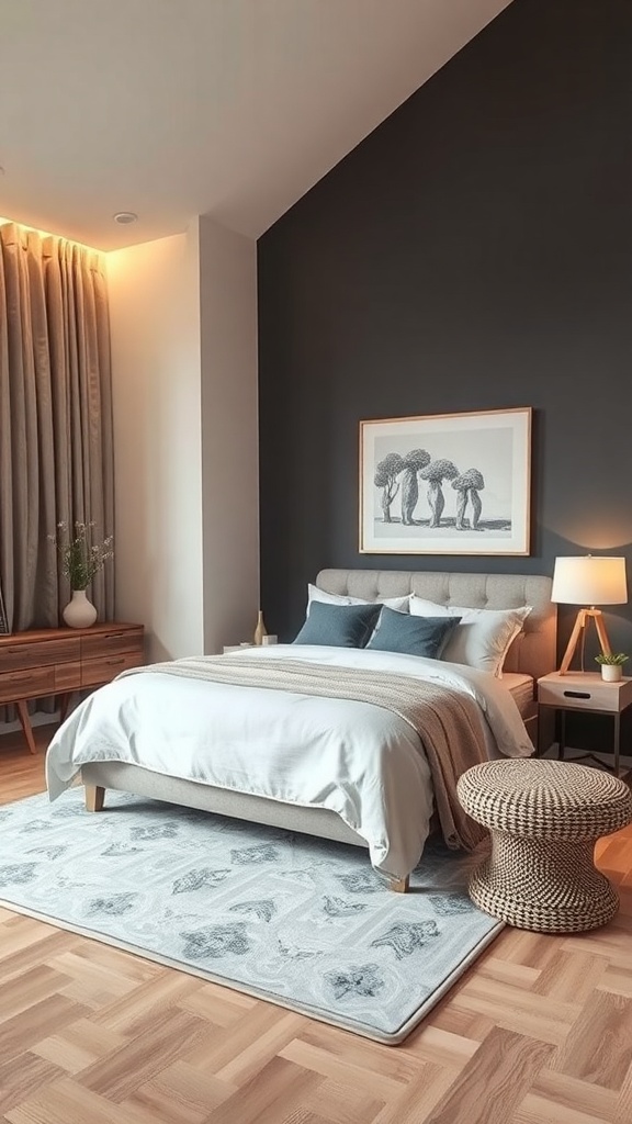 A neutral bedroom featuring a dark wall, light bedding, and natural wooden furniture.