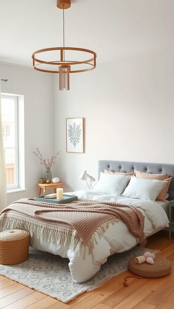 A minimalistic Scandinavian boho bedroom featuring soft colors, cozy bedding, and natural materials.