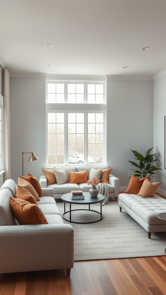 A modern living room with a sectional sofa, accent chair, coffee table, and plants, featuring a balanced arrangement.