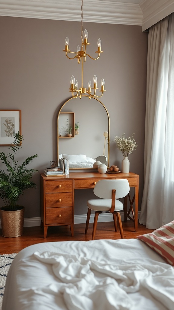 A stylish bedroom vanity and desk combo with a mirror, chair, and decorative elements.