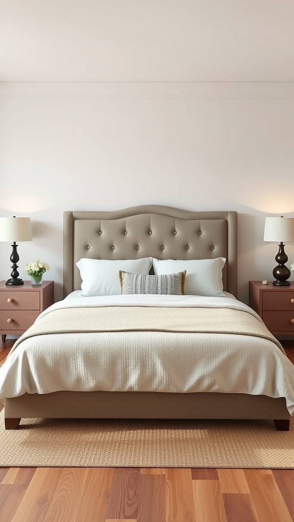 A cozy bedroom featuring a bed with matching nightstands on either side, each with a lamp and decorative items.