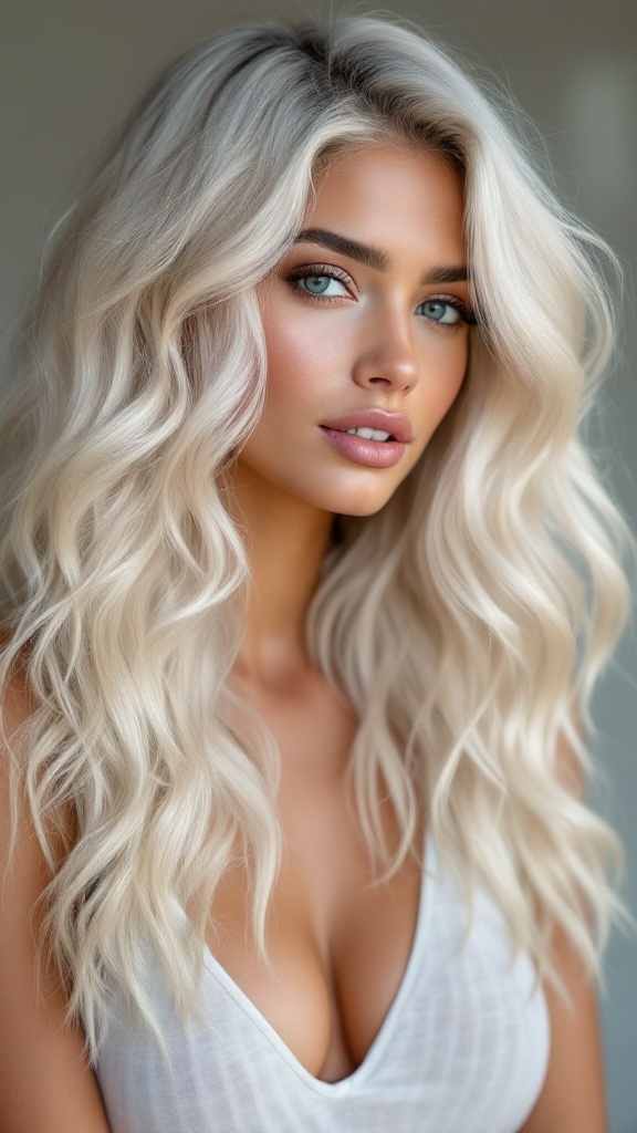 Model with platinum blonde balayage and wavy hair