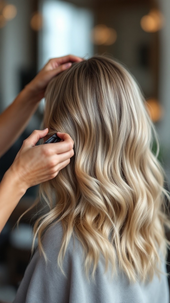 A stylist applying balayage highlights on dirty blonde hair.
