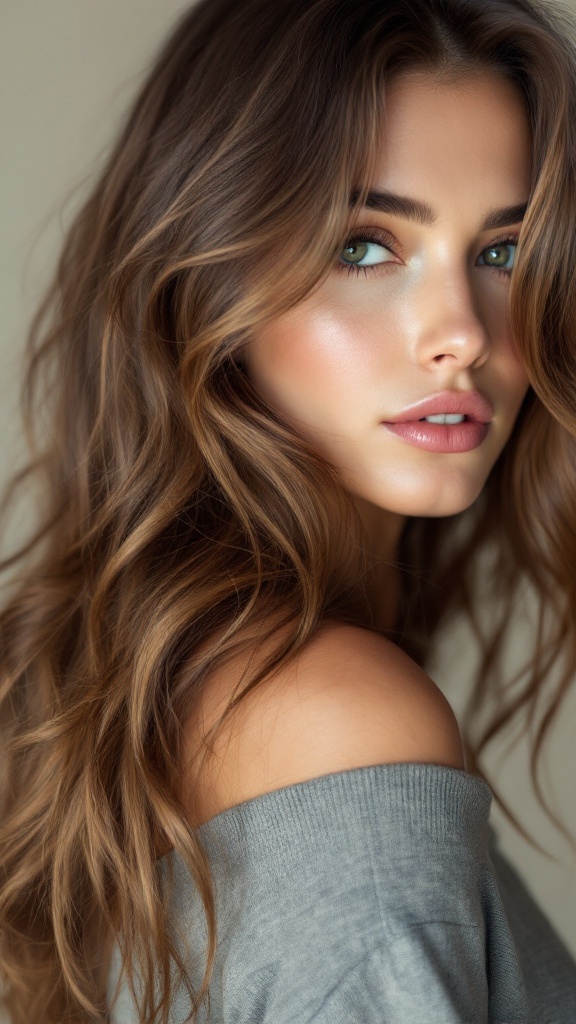 A woman with medium brown hair styled in loose waves, featuring highlights that add depth and dimension.