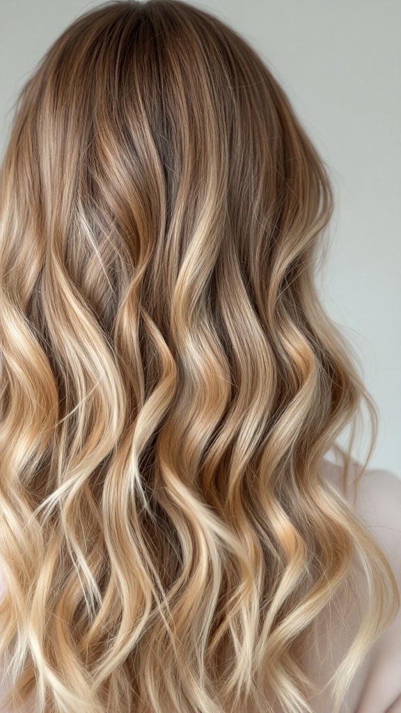 Light brown hair with blonde highlights styled in waves