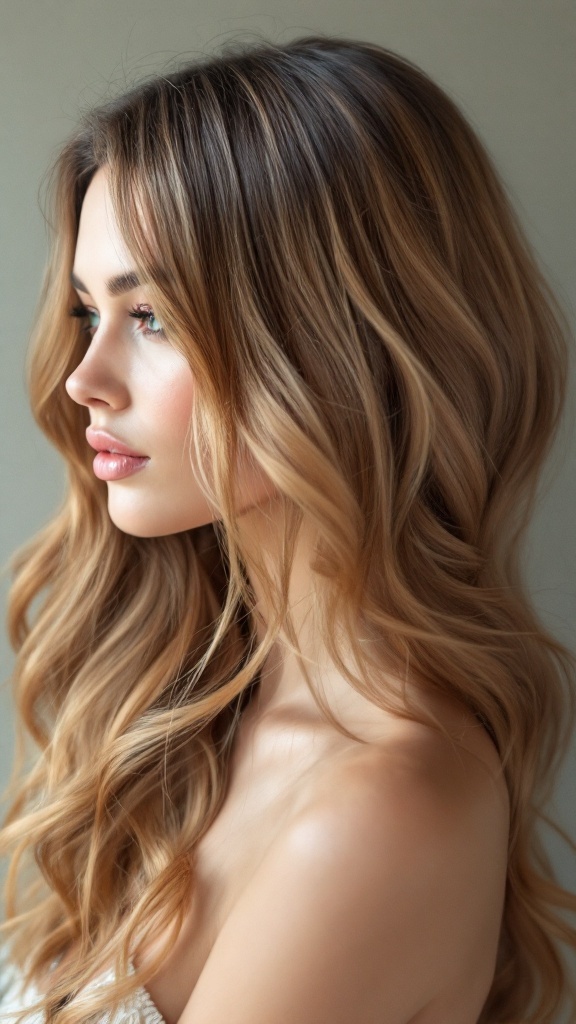 A woman with ash blonde balayage hair, showcasing soft waves and natural color blending.