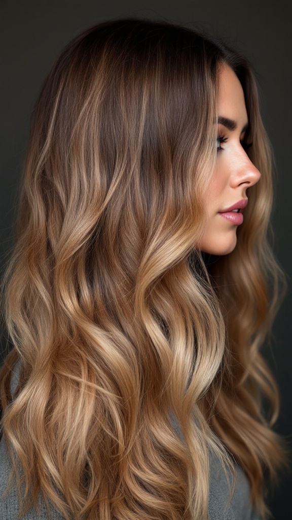 A woman with beautifully blended balayage hair featuring platinum blonde shades.