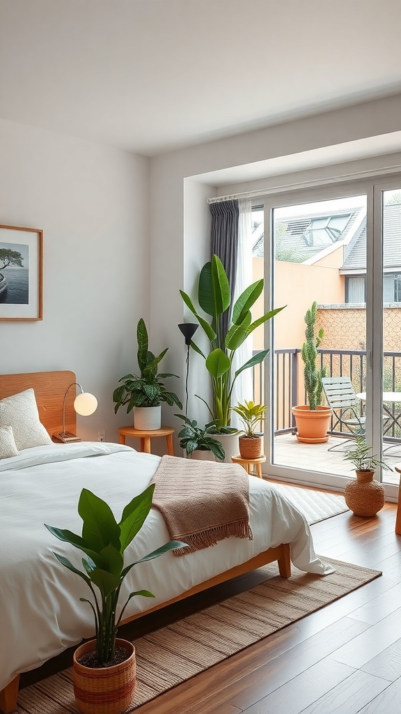 A cozy bedroom with plants and a balcony garden, creating a serene atmosphere.