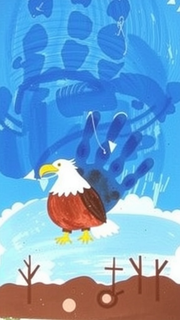 Handprint art of a bald eagle with a blue background and trees.