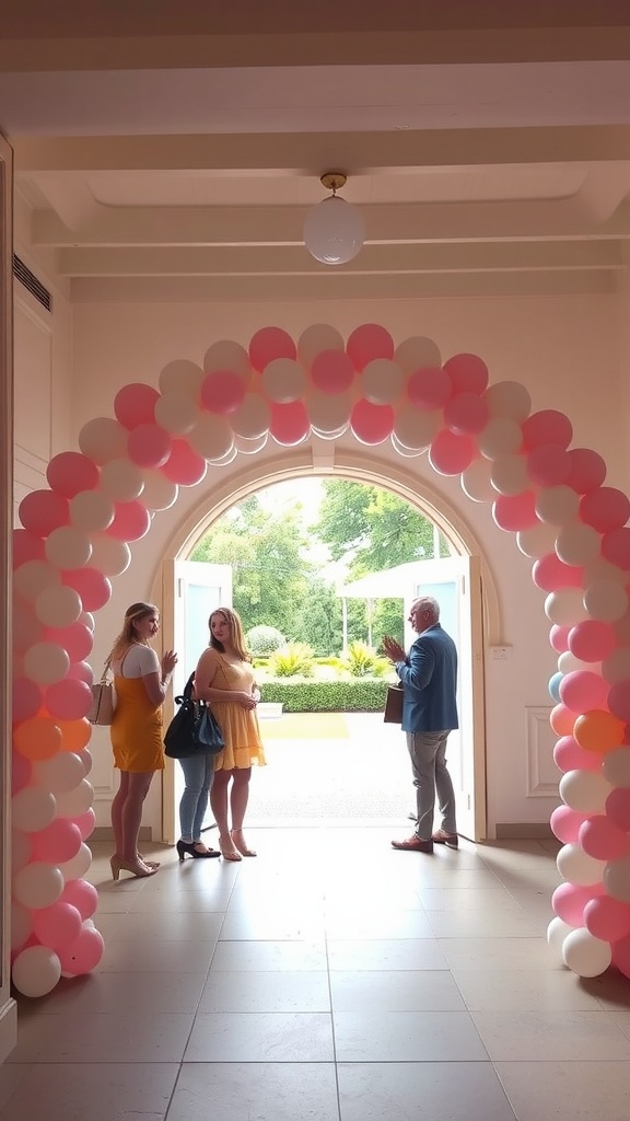 A colorful balloon arch at an entrance with guests standing nearby.