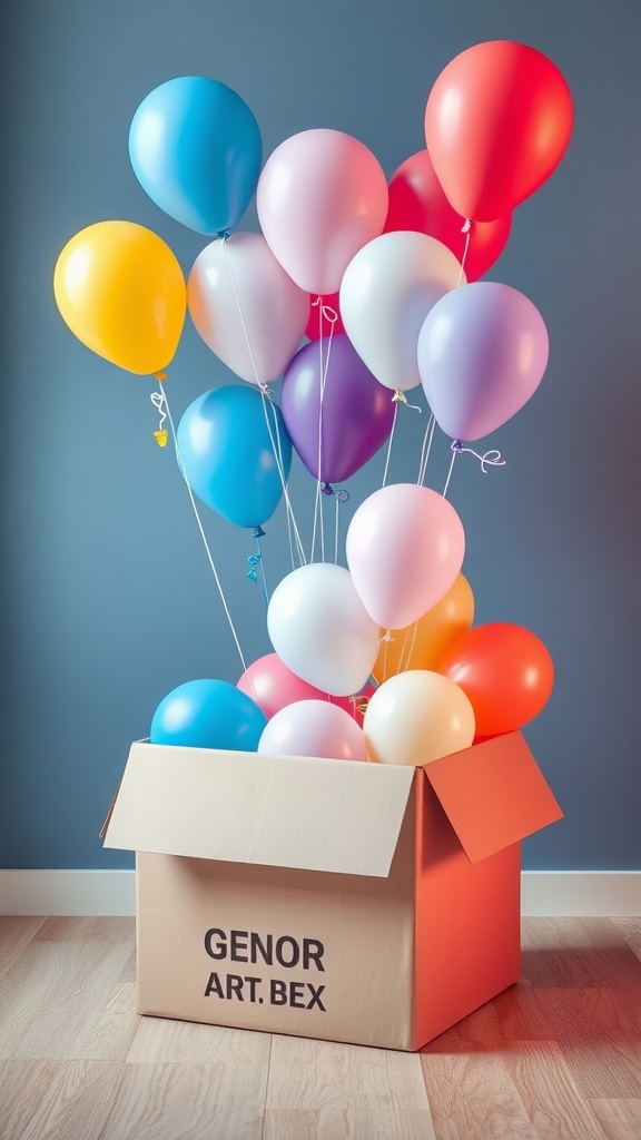 A cardboard box filled with colorful balloons, ready for a gender reveal surprise.