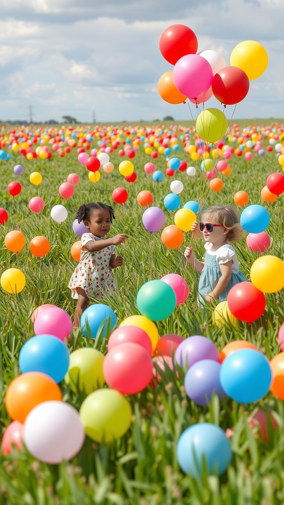 Children playing in a field filled with colorful balloons.