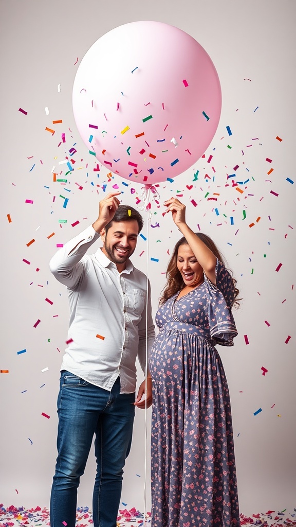 A couple preparing to pop a large pink balloon, surrounded by colorful confetti.