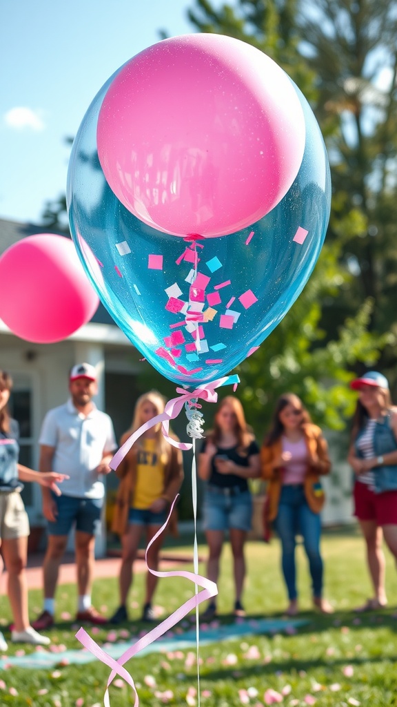 A large balloon filled with confetti in a yard, surrounded by friends ready to celebrate a gender reveal.