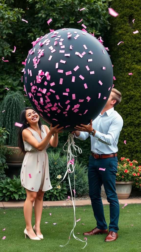 A couple joyfully holding a large black balloon filled with pink confetti, preparing to pop it for a gender reveal.