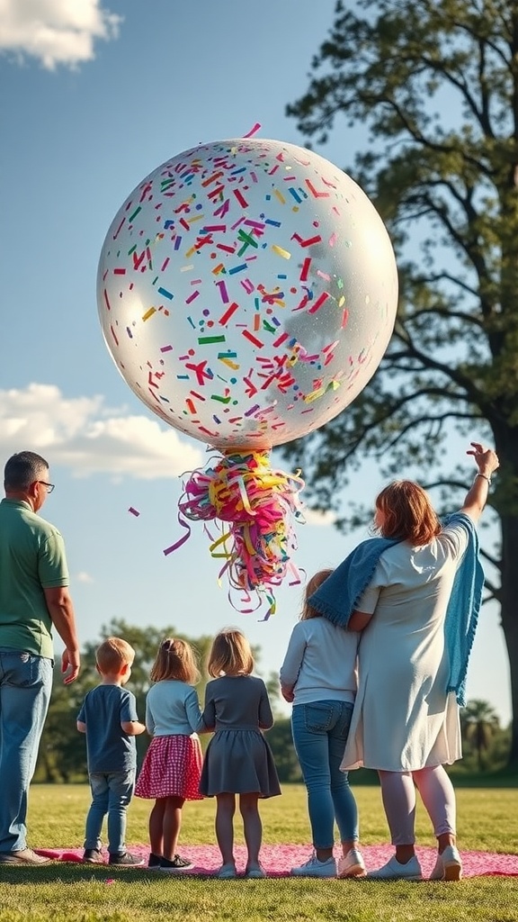 Family and kids gathered to reveal baby's gender with a balloon pop surprise
