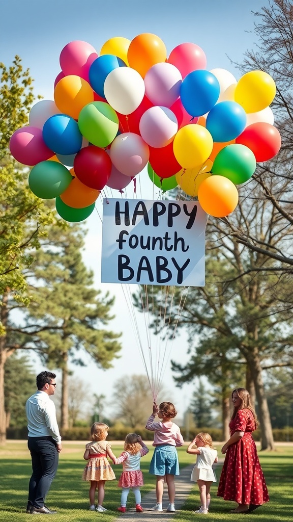A family celebrating a fourth baby announcement with colorful balloons and a sign
