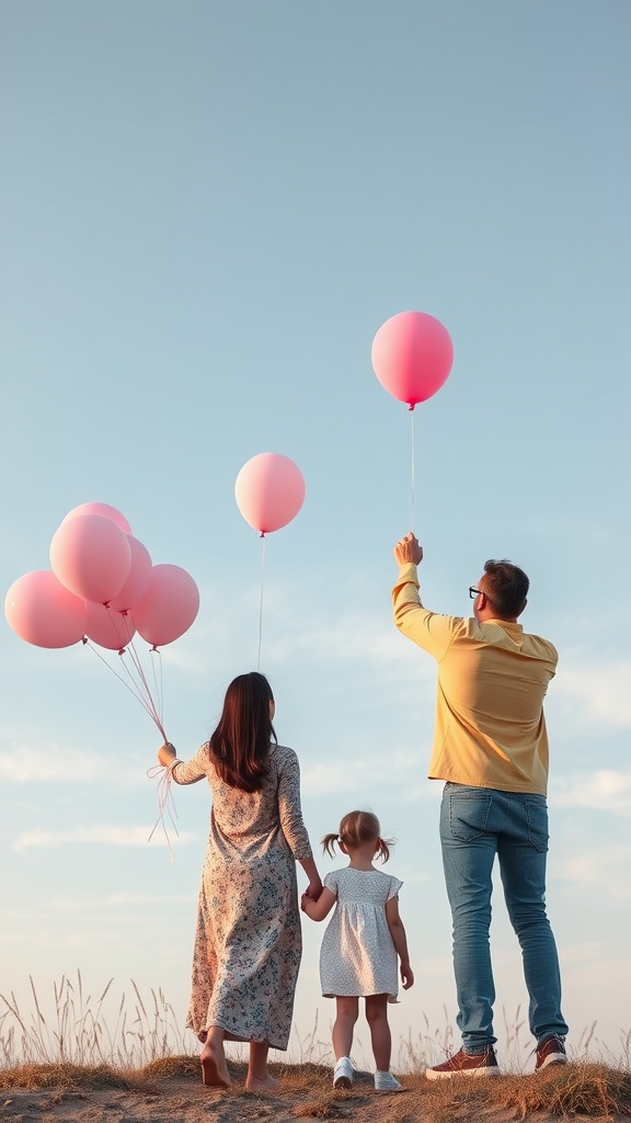 A family releasing pink balloons into the sky, celebrating a baby reveal.
