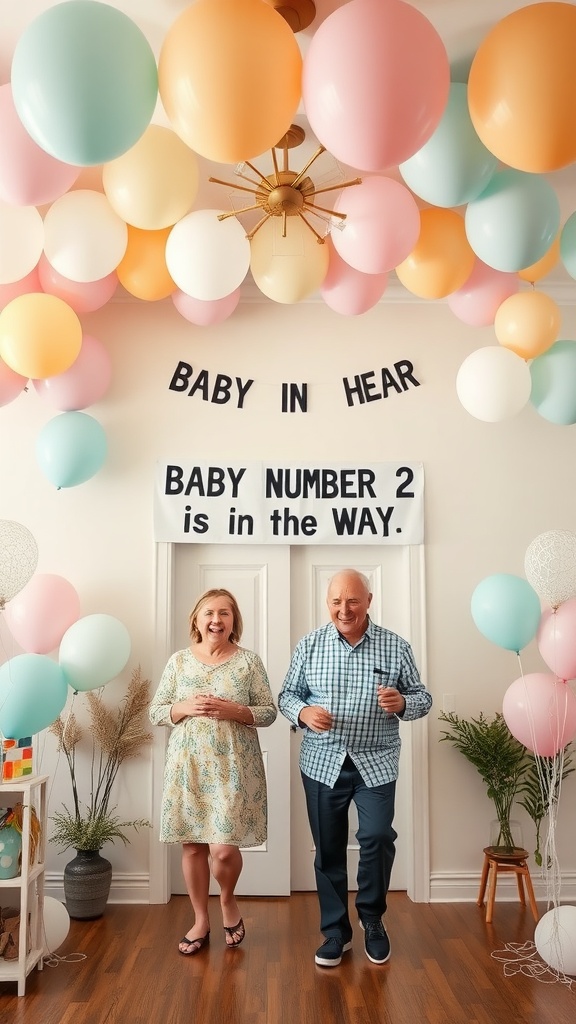 A couple happily announcing baby number two with balloons and a banner.