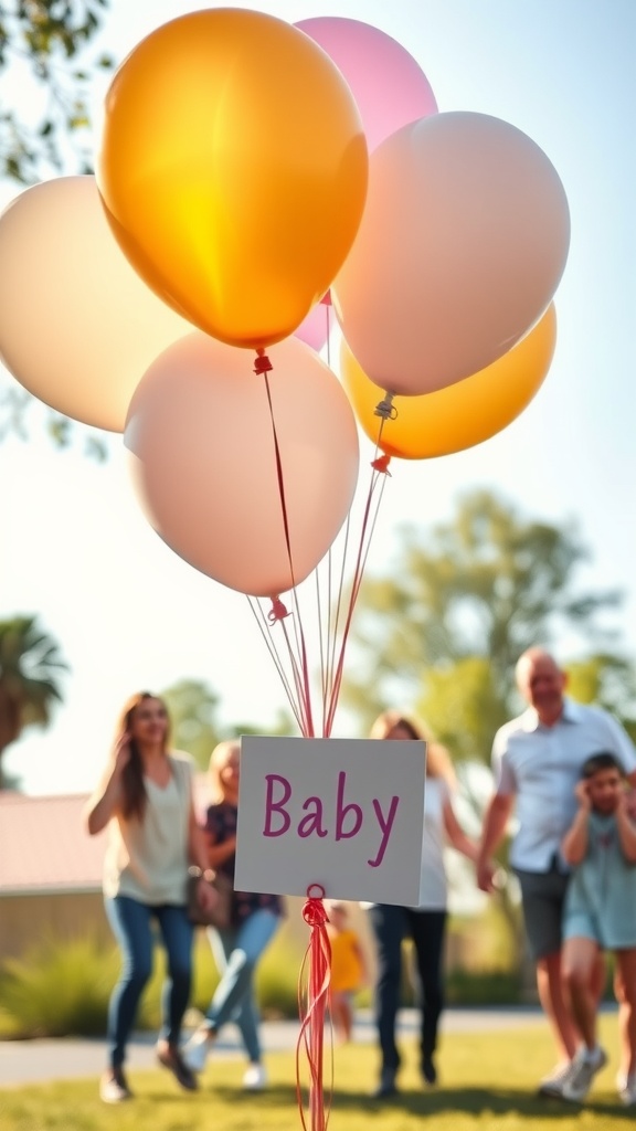 Colorful balloons with a sign reading 'Baby' in a sunny outdoor setting.